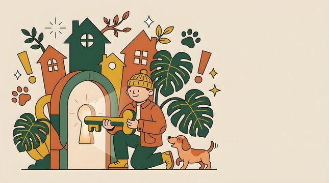 Minimalist drawing of man holding golden key next to his dog to unlock big keyhole archway near houses