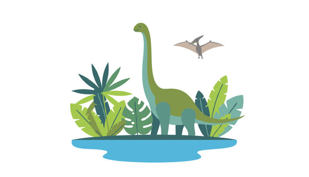 Long-necked dinosaur standing near a pond in a lush prehistoric jungle with a pterodactyl flying above in a simple vector illustration style.