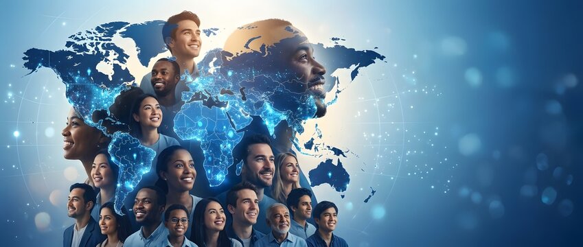 Diverse people profiles with digital world map for global society concept