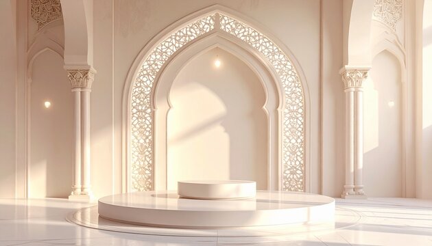 Islamic architecture interior with ornate archway and podium