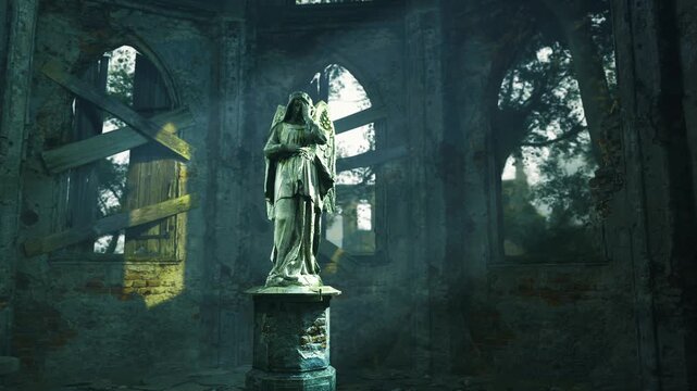 In a forgotten chapel, a solemn angel statue stands on a weathered pedestal. Sunlight filters through cracked windows, highlighting the serene, protective pose of the guardian amidst natures reclaim.