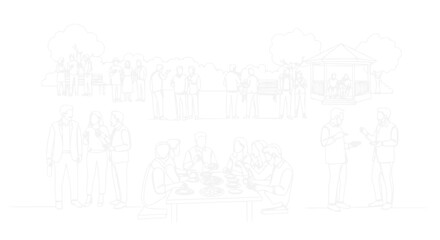 Fototapeta premium Outdoor gathering, people socializing, eating, drinking, and enjoying a summer day in a park.