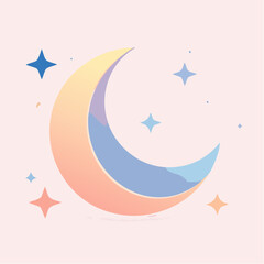 Fototapeta premium Pastel crescent moon and stars illustration on a light background