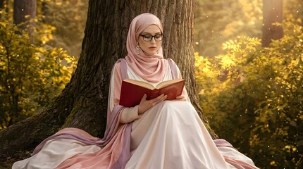Fototapeta premium Serene Muslim Woman in Pink Hijab and Glasses Reading a Red Book Under a Tree in a Sunlit Forest