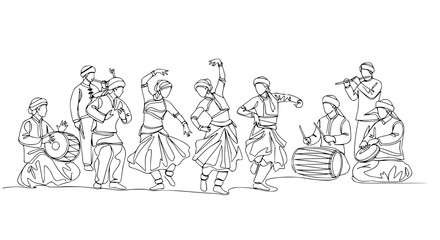 Obraz premium Indian Folk Dance and Music Ensemble: Dancers in Traditional Attire with Musicians Playing Instruments