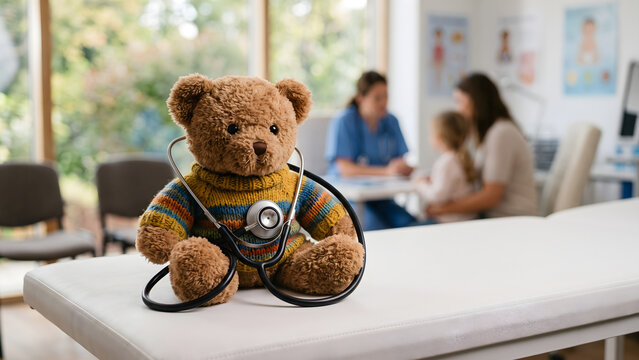 Cute teddy bear with stethoscope in a doctor's office with mother and child