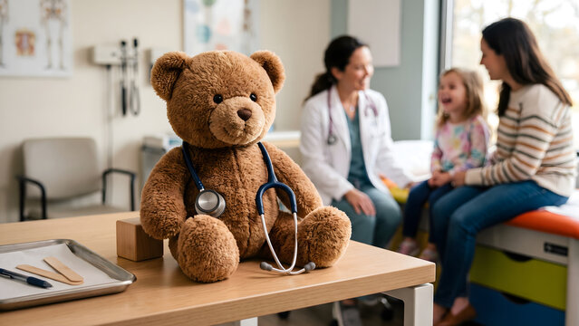 Comforting teddy bear with a stethoscope in a welcoming pediatric clinic setting