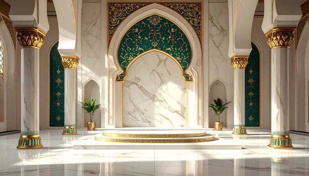 Islamic mosque interior with marble archway and columns