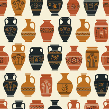 Seamless pattern with ancient Egyptian clay vases and amphorae