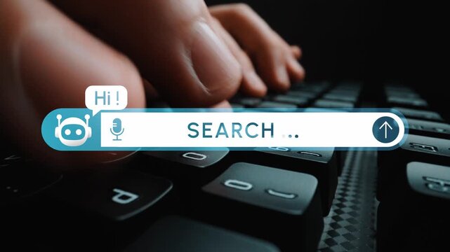 Close-up of a hand typing on a keyboard with a search bar featuring a chatbot icon and voice input design, creating a modern digital interaction scene. Entropy.