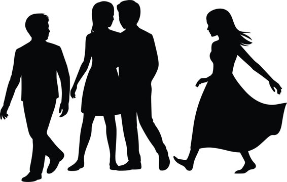 Distracted boyfriend meme concept silhouette vector, jealous girlfriend looking at another man walking, white background