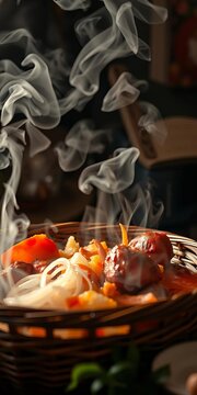 Savory aroma wafting from a steaming hot basket, || savory, basket