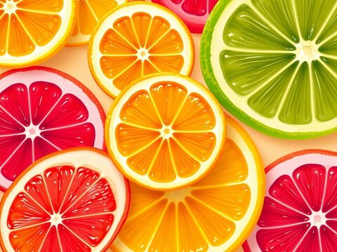 Vibrant citrus fruit slices in vector illustration, juicy, design