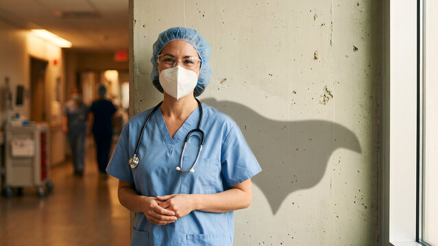 Female nurse wearing mask in hospital with superhero cape shadow
