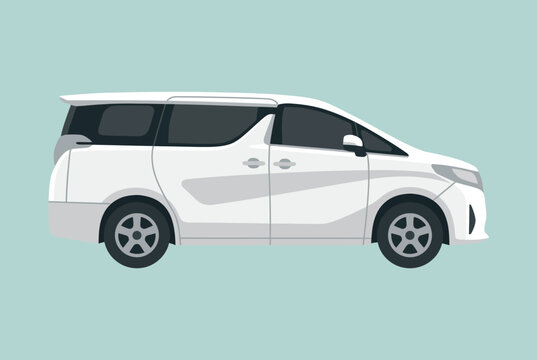 A side view of a modern white minivan on blue background