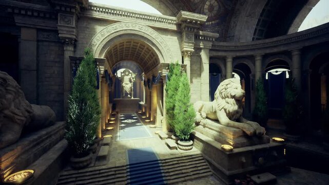 cinematic film set inside ancient palace, dramatic backlight through arched opening highlights textured columns and guardian statuary for period production