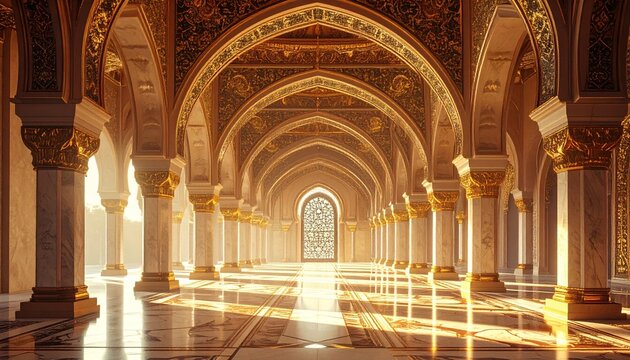 Luxurious golden mosque interior with arches and columns