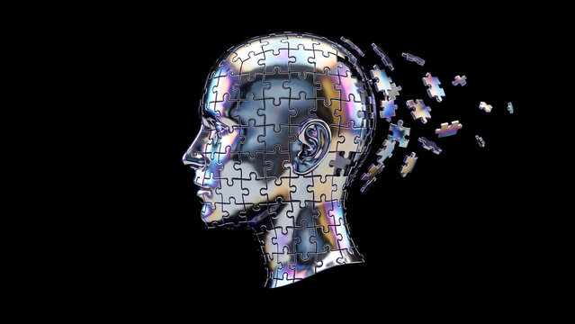 Conceptual Human Profile Head Made of Dissolving Jigsaw Puzzle Pieces on Black Background
