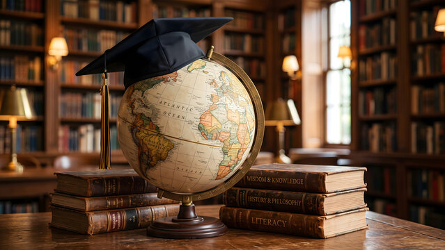 Academic journey graduation cap on world globe surrounded by old books in a classic library