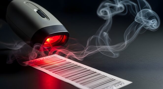 Barcode scanner scanning code label.
