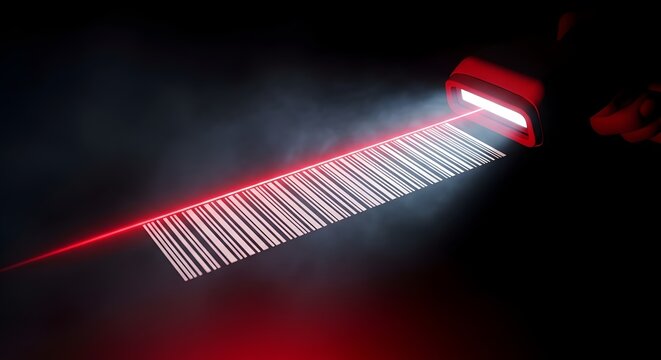 Barcode scanner scanning code label.
