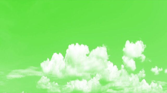 Moving clouds motion graphic effects on green screen background. Animated clouds motion graphic effects on chroma key background. White fluffy clouds motion video, clouds video. 