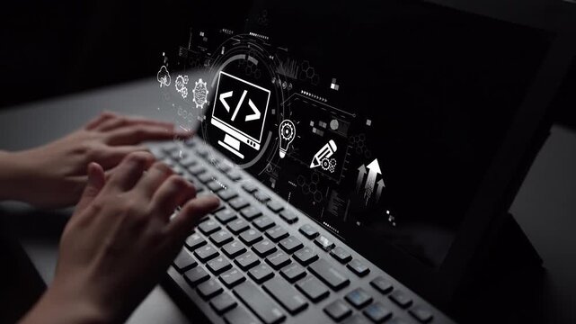 Modern web development concept featuring coding symbols, web development process, web development interface, and web development tools with futuristic design. Muxer