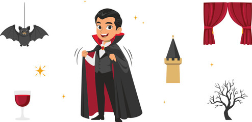 Cute Little Boy Wearing Vampire Count Dracula Costume Holding Cape Vector Character Illustration Set with Bat, Castle Tower, and Theater Stage Elements
