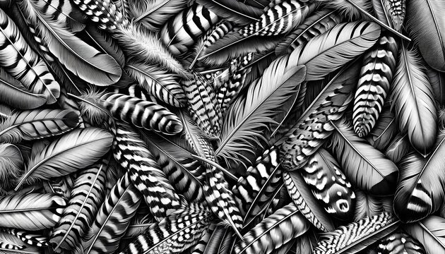 A monochrome graphic border with detailed feather illustrations creating a pattern of light and shadow, Ai generated image