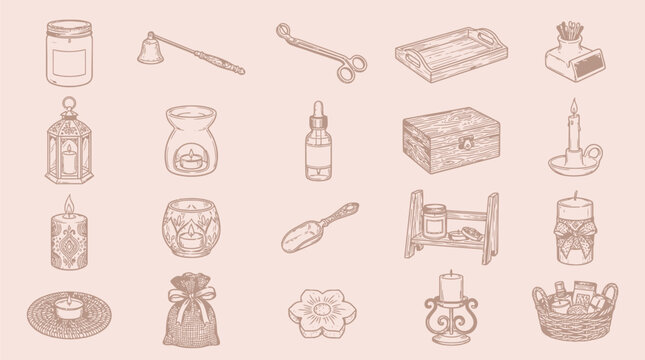 Collection of hand-drawn candle making supplies and accessories, isolated on a light background.