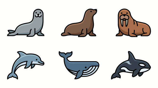 Minimalist marine mammal icon set with seal walrus whale and dolphin