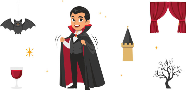 Cute Little Boy Wearing Vampire Count Dracula Costume Holding Cape Vector Character Illustration Set with Bat, Castle Tower, and Theater Stage Elements