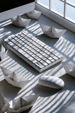 Computer keyboard and paper boats on a grey desk with window blind shadows for creative business marketing