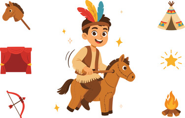 Cute Little Boy Wearing Native American Costume Riding Toy Stick Horse Vector Character Illustration Set with Teepee Tent, Bow, and Bonfire Elements © Miss