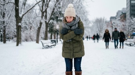 Fototapeta premium A young woman stands in a snowy park, arms crossed and shivering. She wears a warm winter coat, a scarf, and a knitted hat.