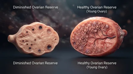 The difference in ovarian reserve between healthy and diminished ovaries in a 3D render of human egg cells and follicles. © Anat art