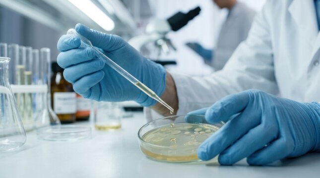 A scientist wearing a white lab coat and blue gloves carefully drops a liquid sample into a petri dish.