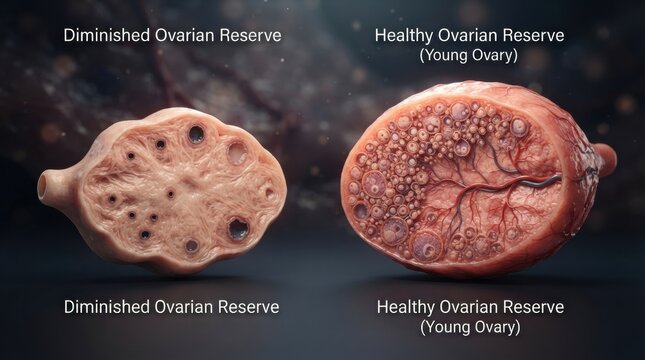 The difference in ovarian reserve between healthy and diminished ovaries in a 3D render of human egg cells and follicles.