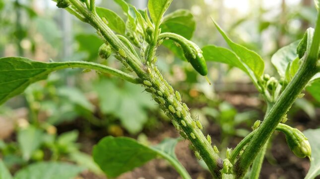 A pepper plant shows signs of aphids infestation. The green plant stem and leaves are covered in small, green aphids.