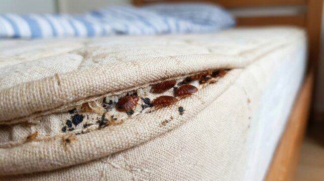 Several bed bugs are clustered on a beige mattress. The bugs are brown and appear to be feeding on the mattress fabric.