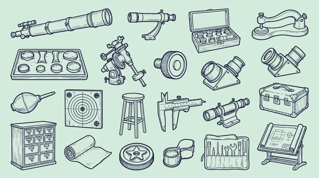 Collection of astronomical equipment and accessories for observation and research.