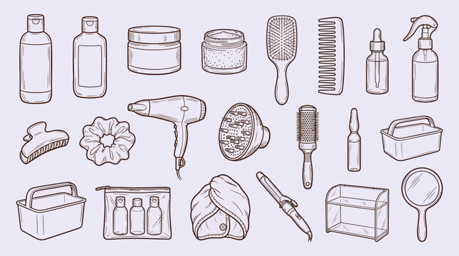 Collection of various hair care and beauty products and tools, hand-drawn illustration.