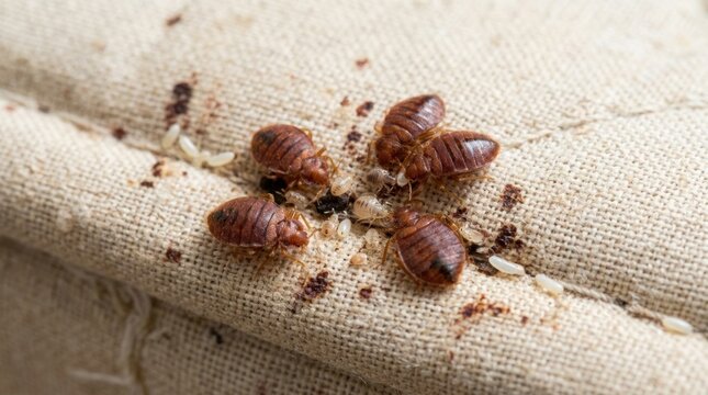 Several bed bugs and their eggs rest on a beige fabric surface. The bugs are reddish-brown and appear to be feeding on a dark substance, possibly dried blood.