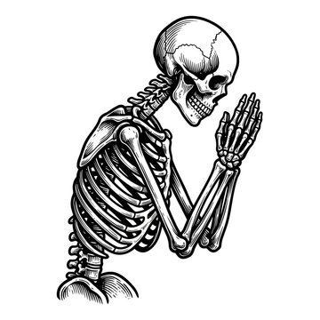 A detailed illustration of a human skeleton praying in profile