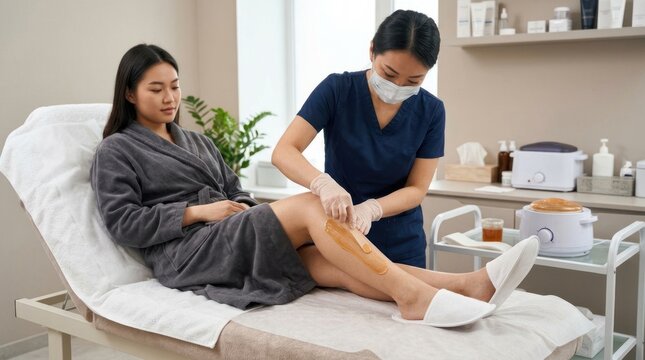 A beautician applies wax to a woman's legs in a spa setting. The woman is relaxed and comfortable while receiving a waxing treatment.