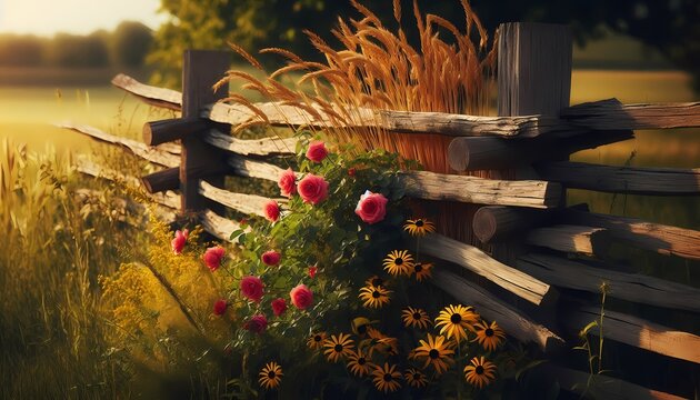 A warm rustic border featuring wooden fence elements and wildflowers in a countryside style, Ai generated image