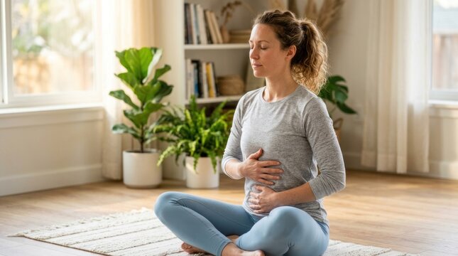 A woman sits cross-legged on a yoga mat in a bright, airy room. She is meditating, placing her hands gently on her stomach.