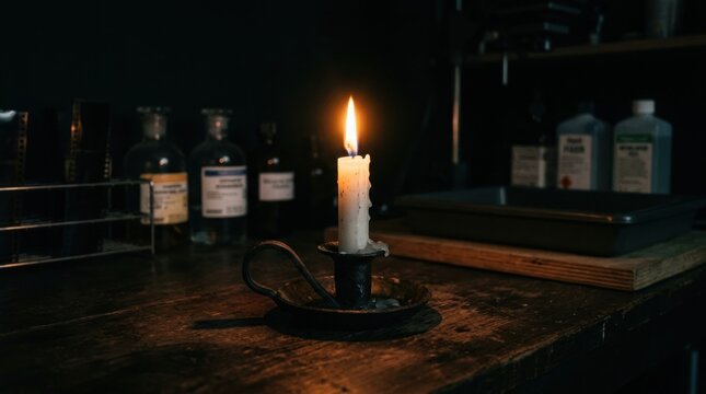 A single candle flickers brightly on a dark wooden surface, casting a warm glow on a cluttered laboratory shelf filled with glass bottles.