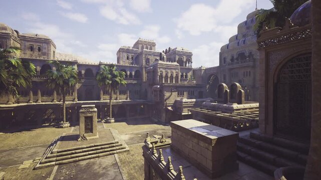 sunlit residential quarter with layered balconies and staircases, ornate railings and textured walls, palms in background, rich patterns of light and shadow
