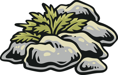 Obraz premium Stylized cartoon rock pile with green fern sprouting between gray stones, bold black outline, cream highlights, and retro vector shading, isolated on white